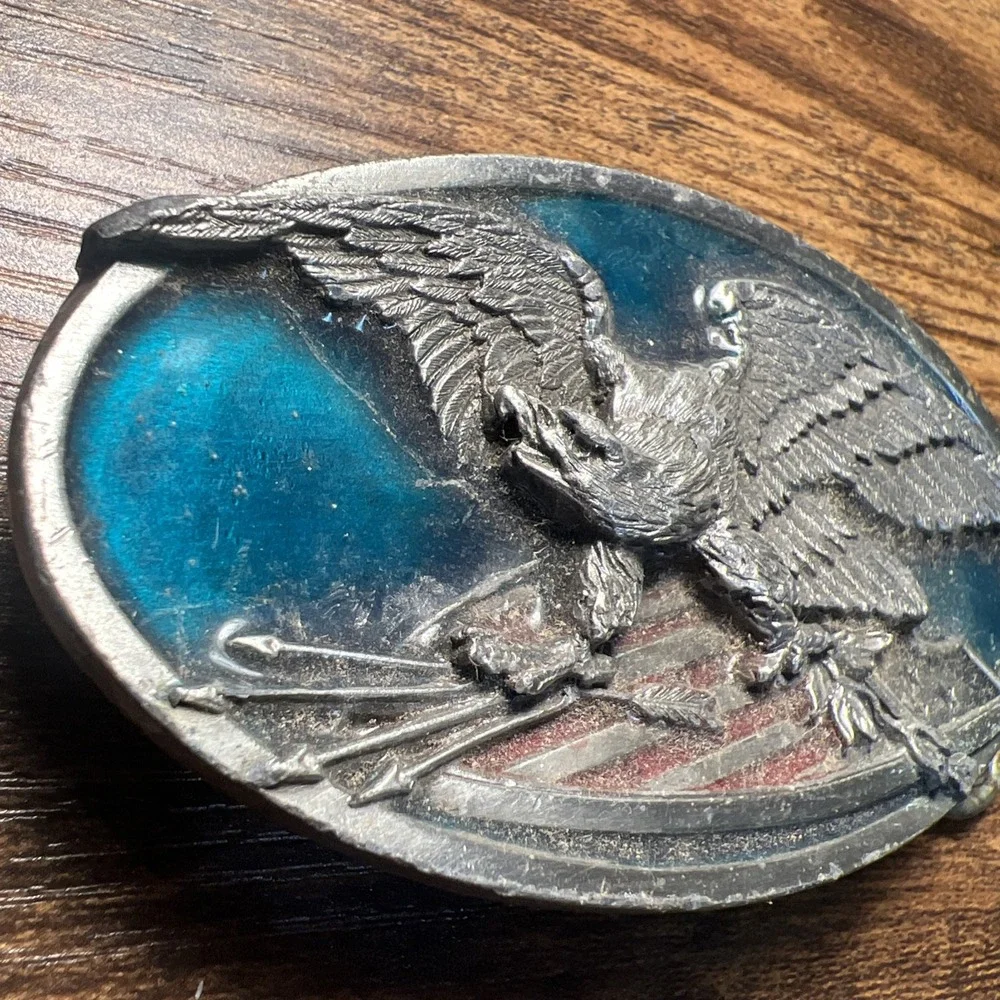 Vintage Bergamot Brassworks Belt Buckle Eagle W/Arrows Silver/Teal 0-146 USA1983